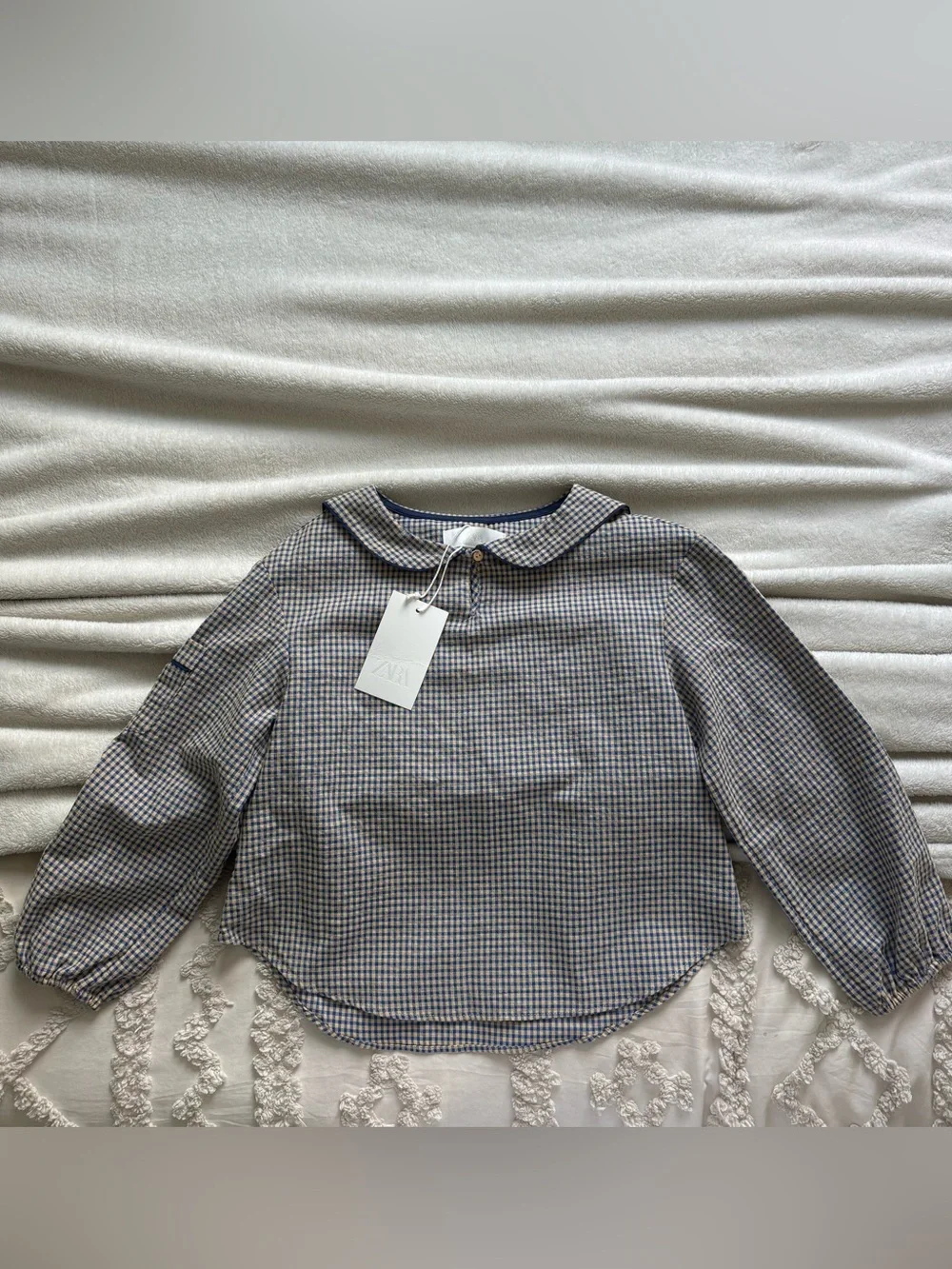 ZARA Girls Gingham Peter Pan Collar Blouse Size 9-10Y 140 NWT Blue Beige Top